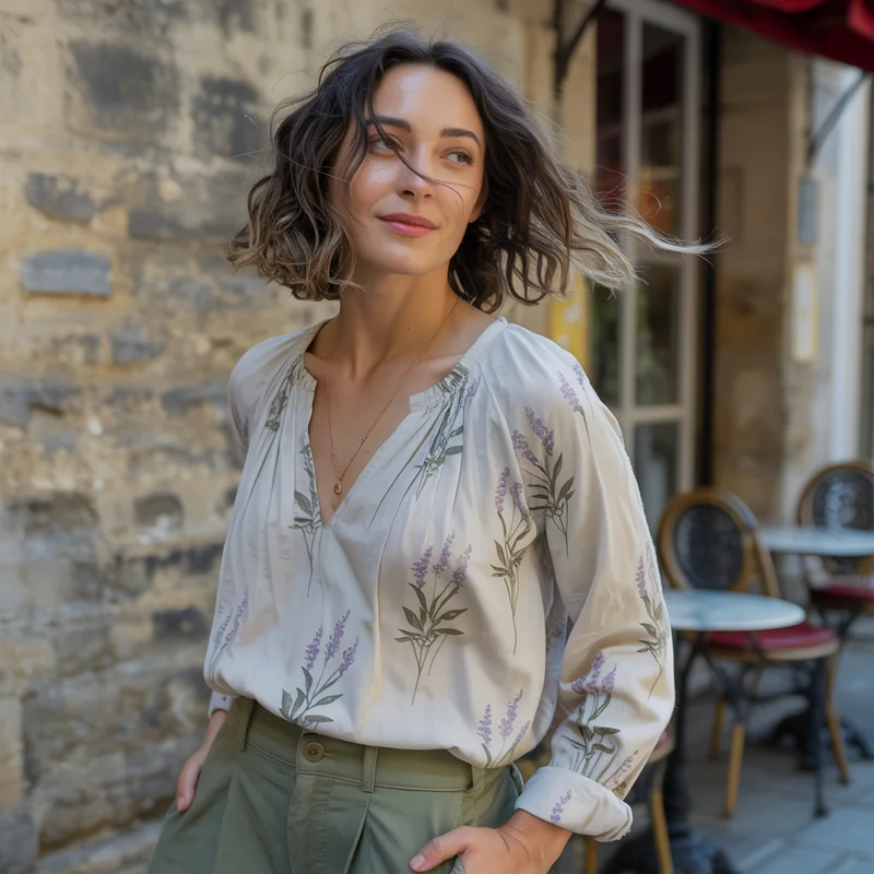 Source photograph of a woman outside a cafe used as the image-to-vector input