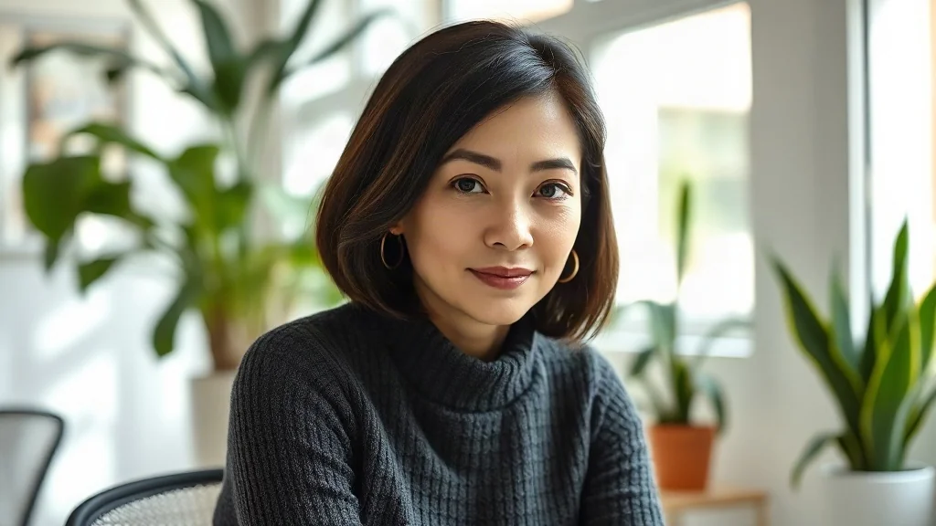 Generated portrait reference of a woman in a charcoal turtleneck with a bob haircut