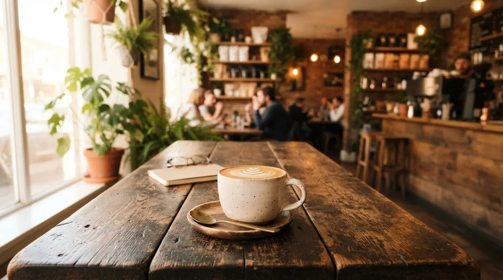 Cozy coffee shop interior in warm morning light with a latte on a wooden table