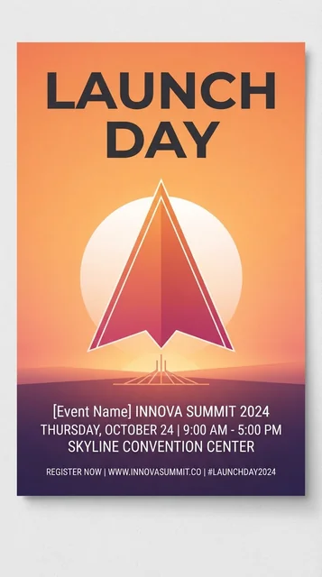 Event poster with a large legible 'LAUNCH DAY' headline and readable body text over a sunset gradient