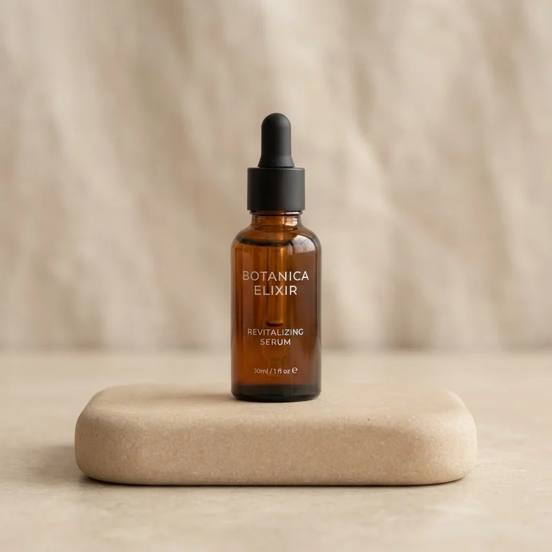 Amber glass skincare serum bottle on a stone pedestal with a clean, legible invented label