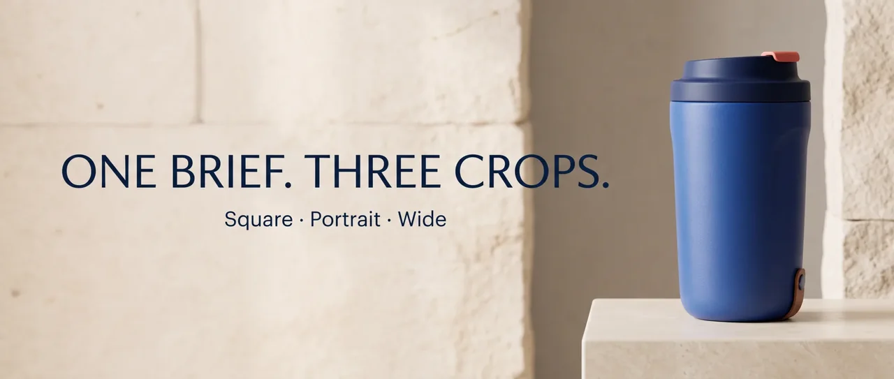 Nano Banana 2 wide banner test with a cobalt travel mug and the exact headline One Brief. Three Crops.
