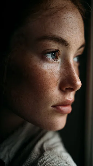 Moody window portrait example - AI generated photorealistic image showing dramatic side lighting