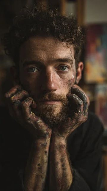 Artist documentary portrait example - AI generated intimate portrait with paint-covered hands