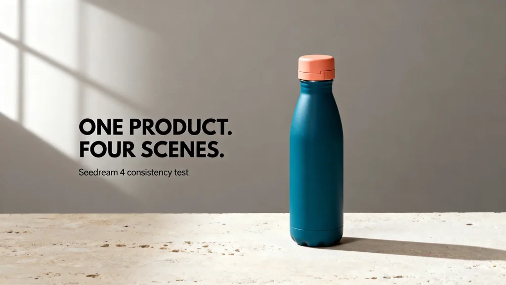 Seedream 4 product-layout test with a cobalt travel bottle and the exact headline One Product. Four Scenes.