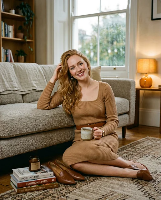 British woman floor sitting Notting Hill apartment - camel knit dress pearl earrings autumn light