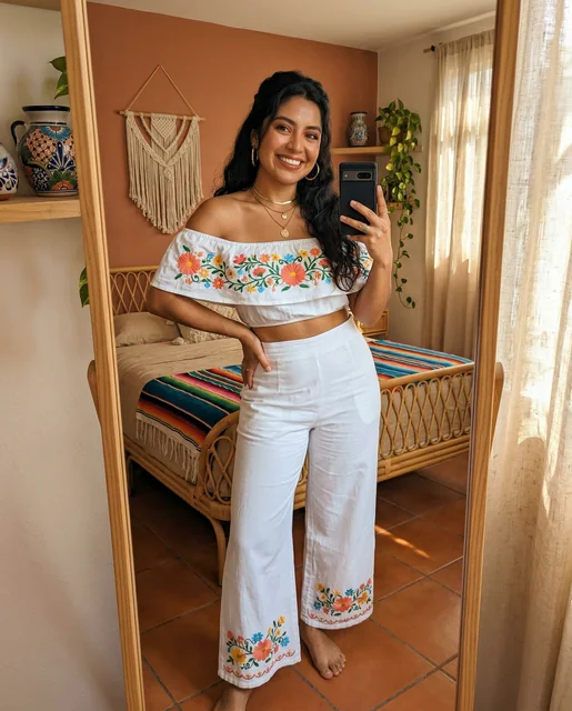 Mexican woman mirror selfie Colonia Roma apartment - embroidered off-shoulder co-ord terracotta
