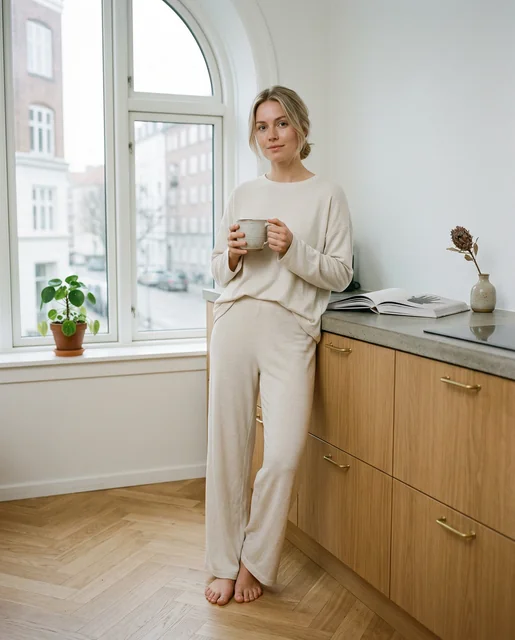 Scandinavian Danish woman Copenhagen kitchen morning - oat knit co-ord barefoot minimal