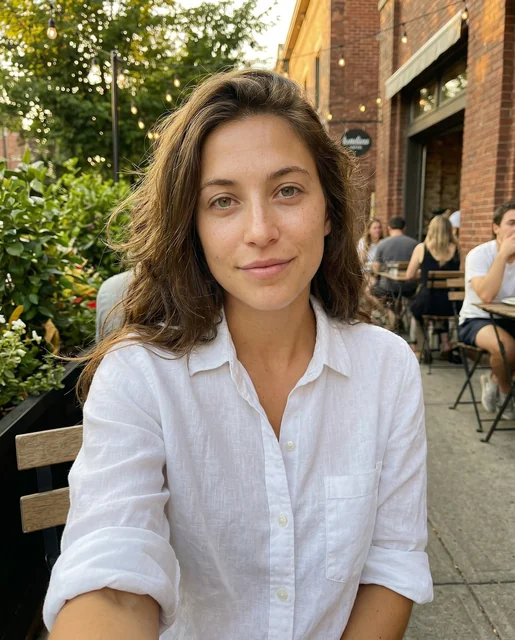 Outdoor café golden hour - same face as reference, different outfit and setting