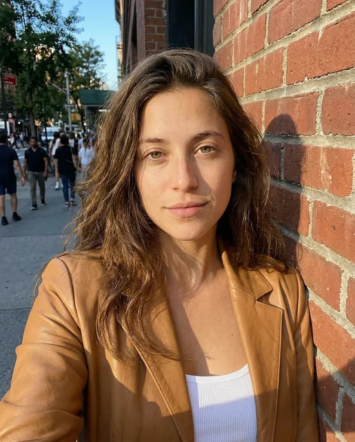 Street style leather jacket - same face as reference in urban setting