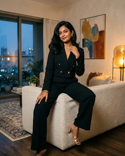Indian woman on sofa arm Mumbai apartment dusk - black blazer suit gold jewelry blue hour skyline
