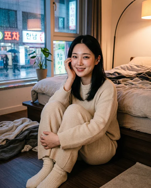 Korean woman floor sitting Seoul apartment - oat knit co-ord rainy neon window