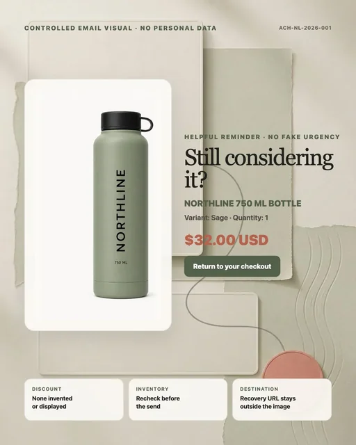 Controlled abandoned-checkout email creative for a NORTHLINE Sage bottle with deterministic variant, quantity, and 32 dollar price