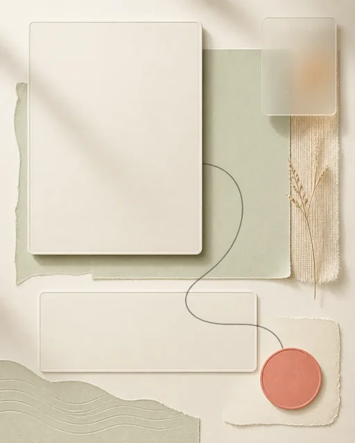 Textless warm ivory and pale sage editorial style board with blank paper zones connected by a charcoal path