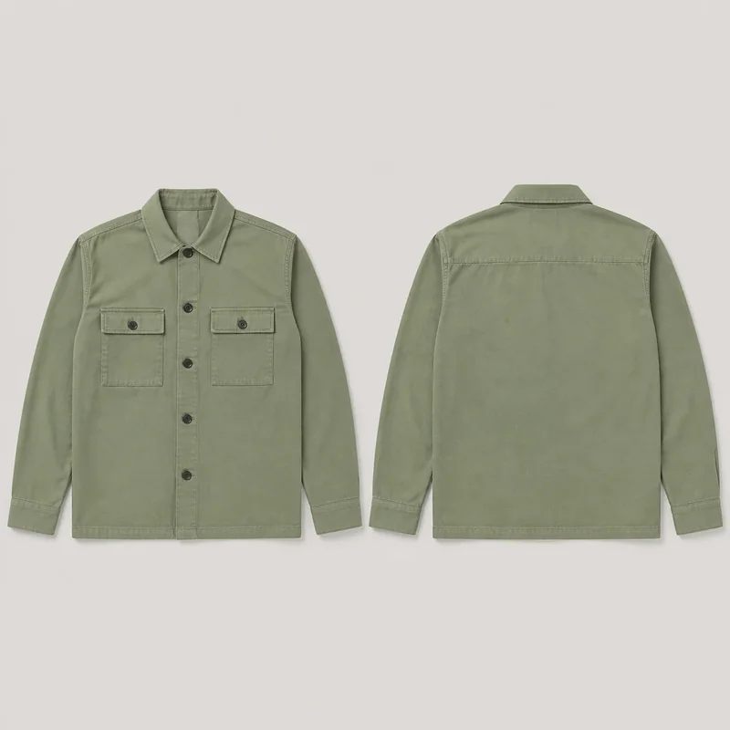 Approved fictional source sheet with front and back flat-lay views of one sage field overshirt