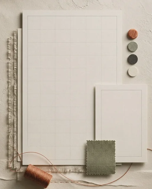 Textless warm ivory size-guide background with blank grid paper, a smaller blank card, sage fabric, and terracotta thread