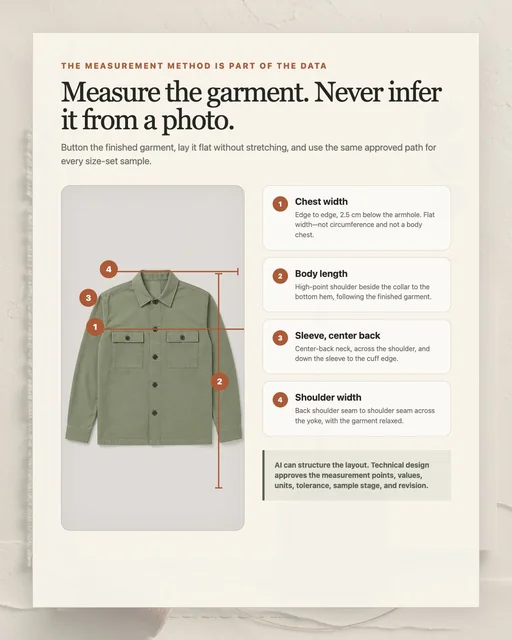 Finished-garment measurement method for a fictional sage overshirt with four numbered measurement definitions