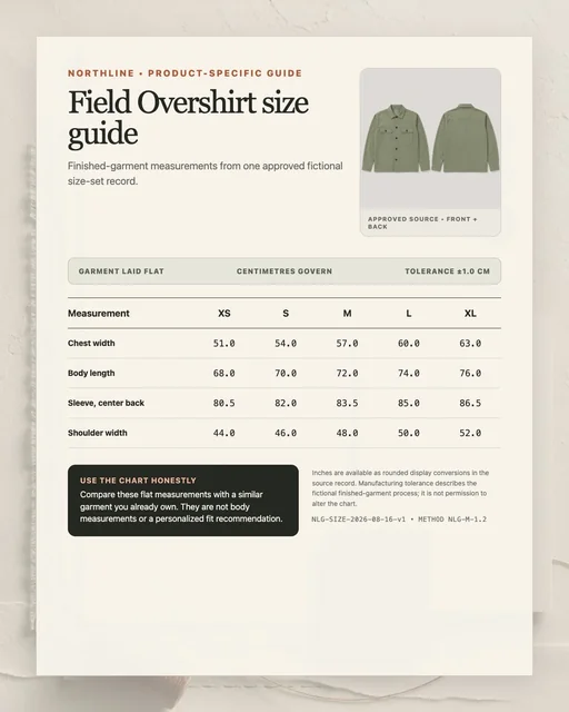 Product-specific NORTHLINE Field Overshirt size-guide visual with five sizes and four finished-garment measurement rows in centimetres