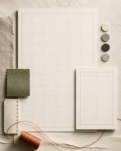 Textless ivory apparel operations style board with blank grid panels, sage fabric, charcoal markers, and terracotta thread
