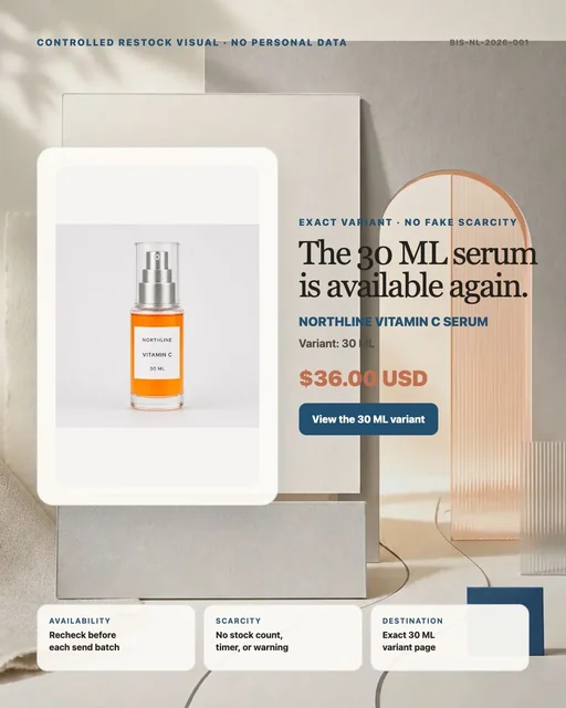 Controlled back-in-stock email creative for NORTHLINE Vitamin C 30 ML with deterministic 36 dollar price and no scarcity claim