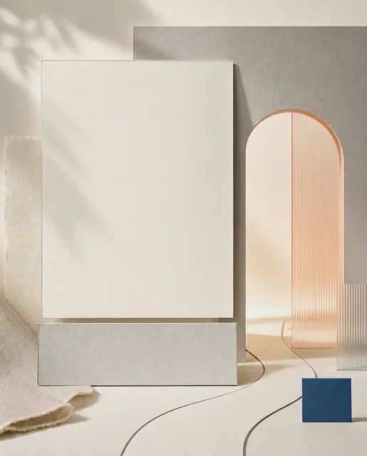 Textless warm ivory and mineral gray back-in-stock email background with empty product and message zones