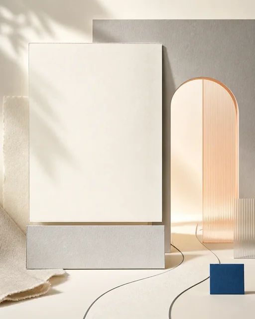 Textless warm ivory, mineral gray, pale apricot, and deep blue editorial style board with blank product and message zones