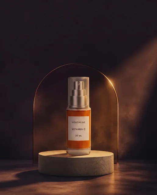 Textless AI-generated NORTHLINE seasonal ad visual with the serum centered on a warm stone plinth against an aubergine and amber studio set