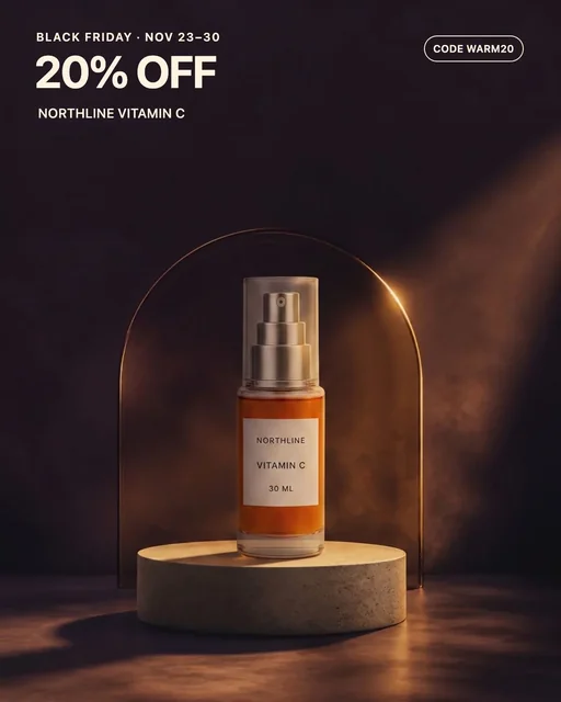 Fictional NORTHLINE seasonal Black Friday challenger with a deterministic 20 percent discount, code, and sale-window overlay