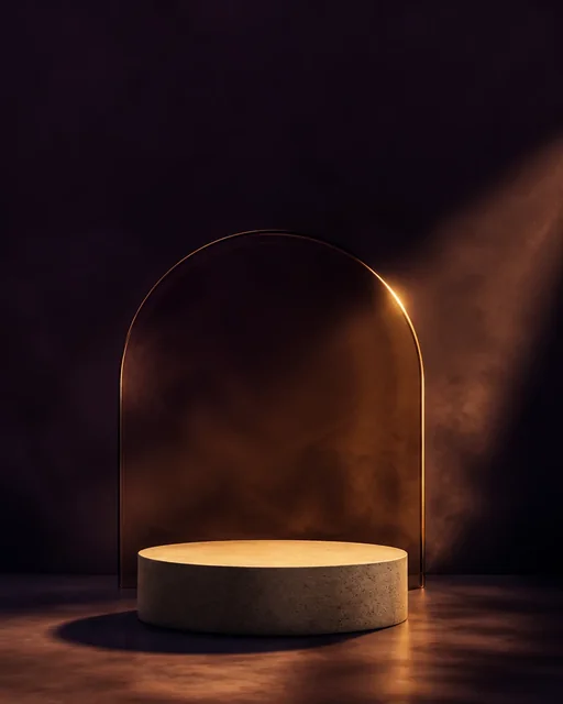 Textless Black Friday campaign style board with deep aubergine studio backdrop, smoked amber arch, warm stone plinth, and empty copy zone