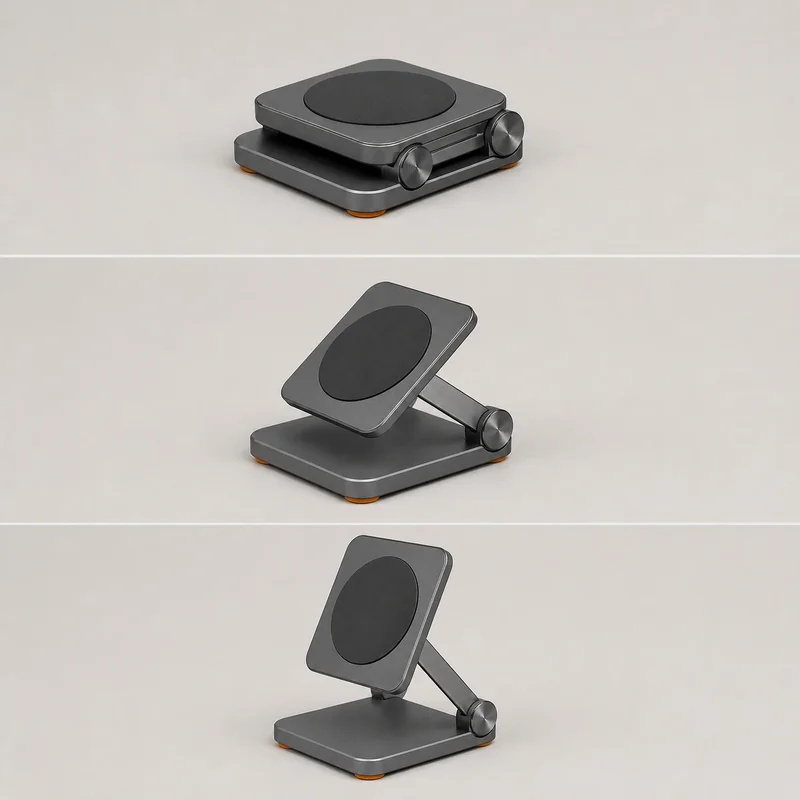 Approved fictional source sheet showing the same graphite folding tablet stand folded, half-open, and upright