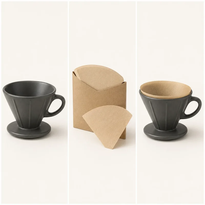 Three-panel source sheet showing a fictional charcoal ceramic pour-over dripper, natural paper filters in a kraft sleeve, and one filter seated in the same dripper