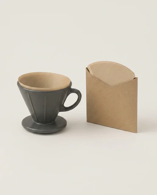 Live Masonry candidate showing a charcoal pour-over dripper with a natural paper filter and a kraft filter sleeve on a neutral background