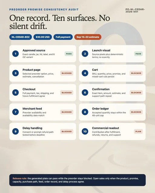 Preorder consistency audit mapping product, price, payment, shipping estimate, checkout, confirmation, feed, and fulfillment