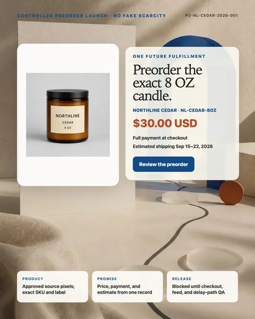 Controlled NORTHLINE CEDAR preorder creative with deterministic price, payment timing, and estimated shipping window