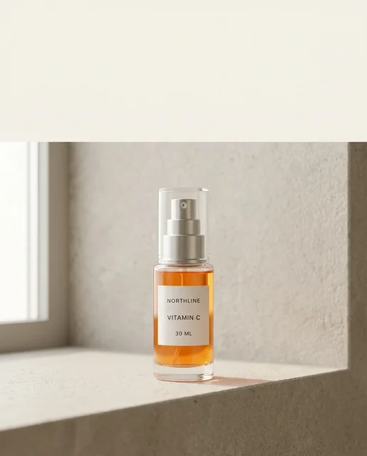 Accepted 4 by 5 routine-context creative showing the NORTHLINE serum on a limestone shelf in window light