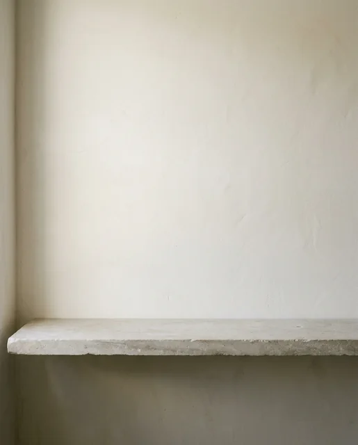Empty warm plaster bathroom shelf generated for the product background test