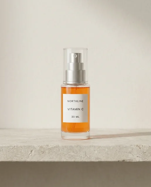 Rejected AI-edited NORTHLINE bottle on a warm limestone bathroom shelf