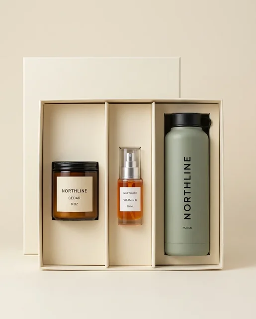 Generated NORTHLINE three-product bundle candidate in a cream box with three invented dividers