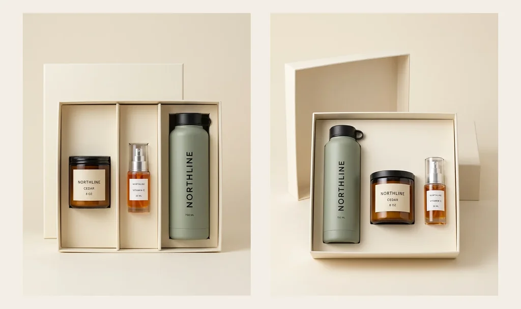 Two generated gift-set candidates containing one NORTHLINE candle, one serum, and one sage bottle in different invented cream boxes