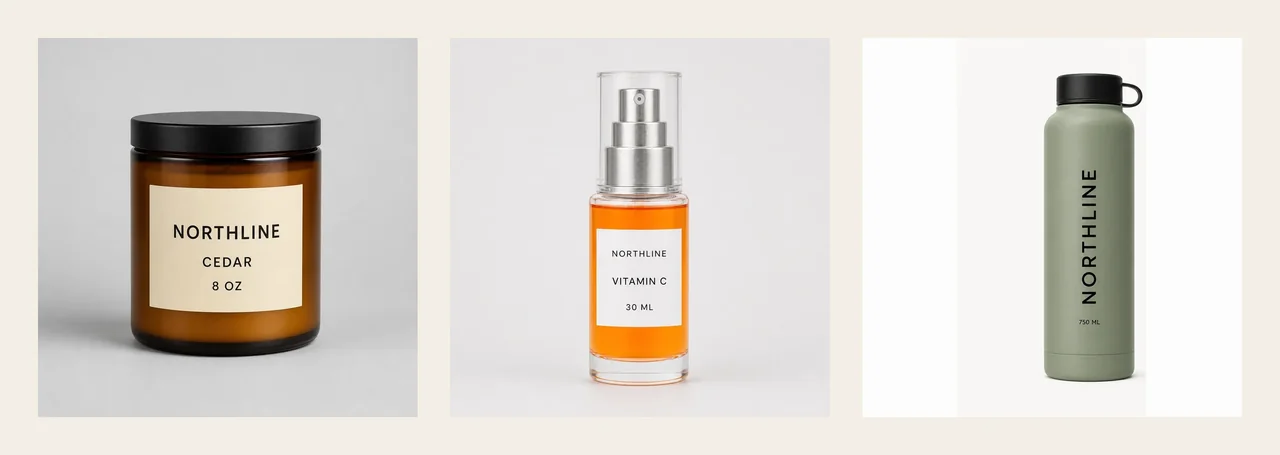 Approved source images for one NORTHLINE candle, one Vitamin C serum, and one sage 750 ML bottle