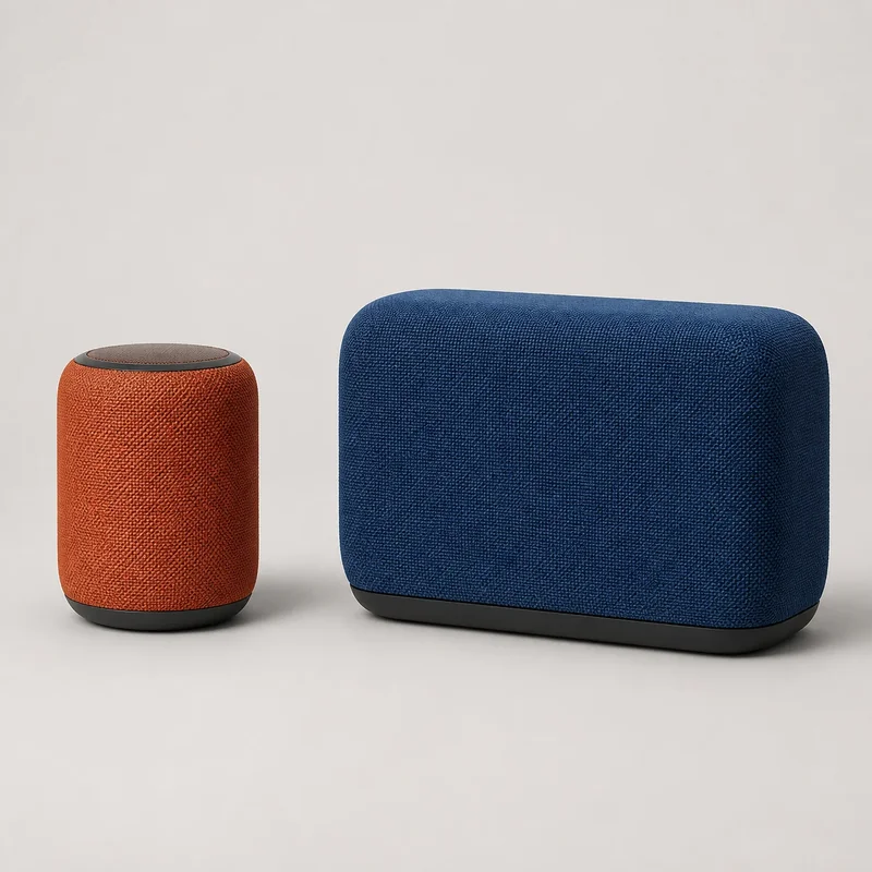 Approved fictional source sheet with one compact rust-orange cylindrical speaker and one larger deep-cobalt rounded rectangular speaker