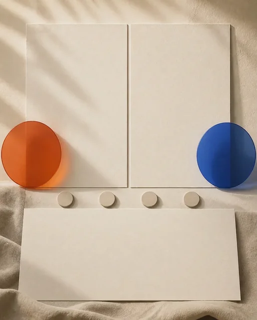 Textless warm ivory comparison background with two blank panels, rust and cobalt accents, aligned markers, and a shared lower area