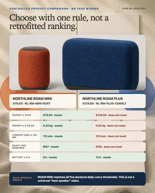 Controlled comparison visual for NORTHLINE ROAM MINI and ROAM PLUS with deterministic prices, specifications, and a daily-carry decision rule