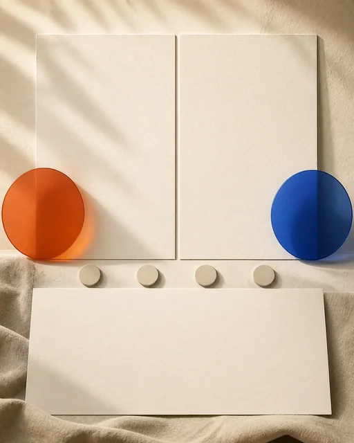 Textless warm ivory comparison style board with two blank panels, rust and cobalt discs, aligned markers, and a shared lower panel