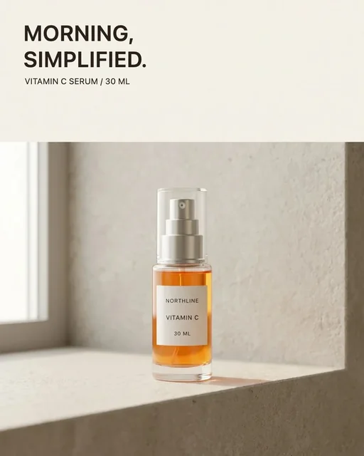 Approved NORTHLINE English-language product creative with Morning Simplified headline and Vitamin C serum subhead