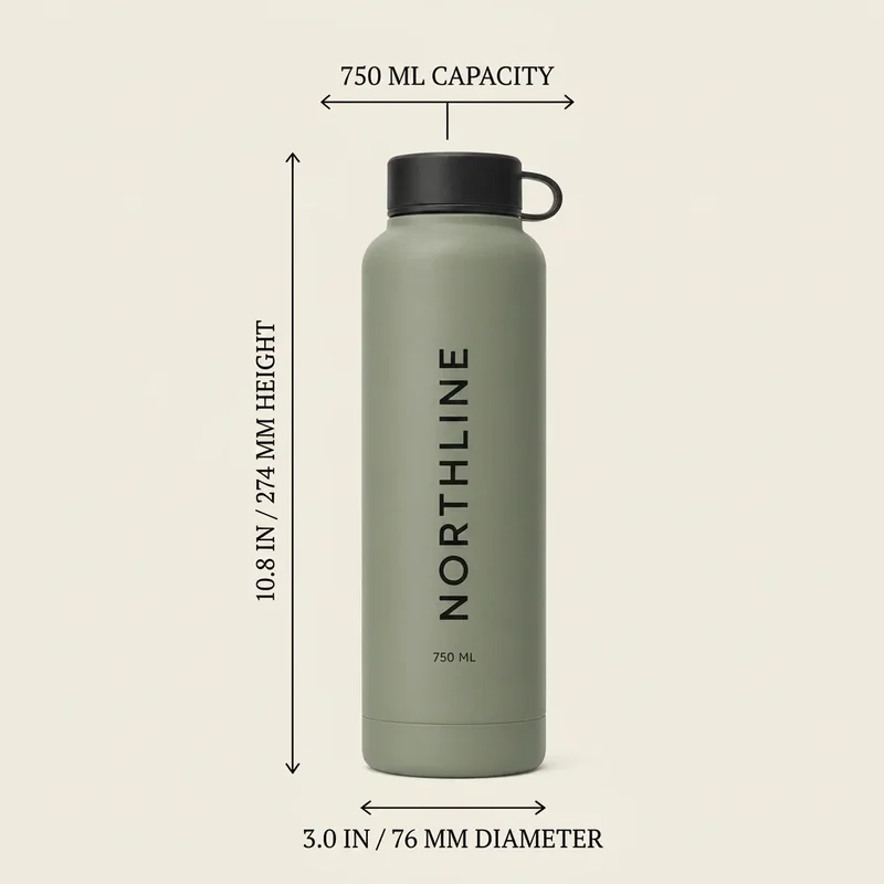 Generated NORTHLINE bottle infographic draft with exact dimension text but a capacity label incorrectly attached to a horizontal measurement arrow