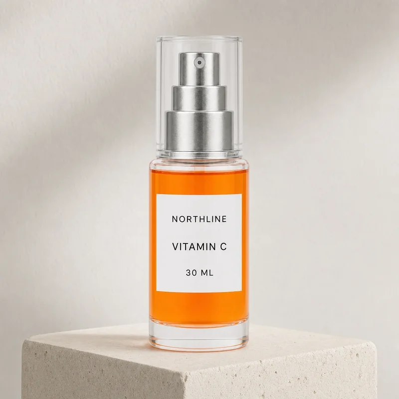 GPT Image 2 edit of the NORTHLINE serum centered on a limestone pedestal