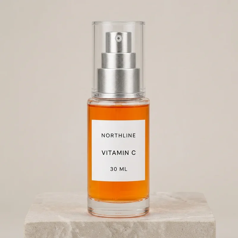 Nano Banana 2 edit of the NORTHLINE serum on a pale limestone pedestal