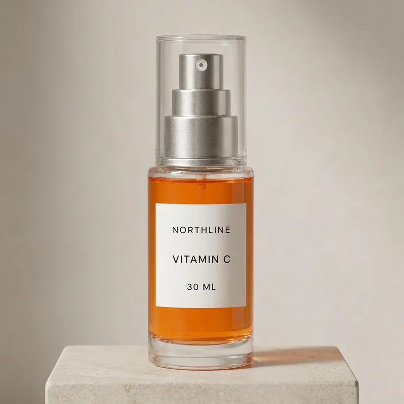 Nano Banana Pro edit of the NORTHLINE serum on a warm-gray limestone pedestal