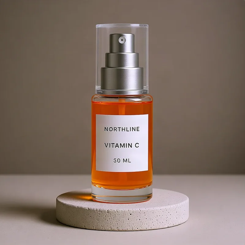 Qwen Image Edit Plus version of the NORTHLINE serum in a dark dramatic studio scene